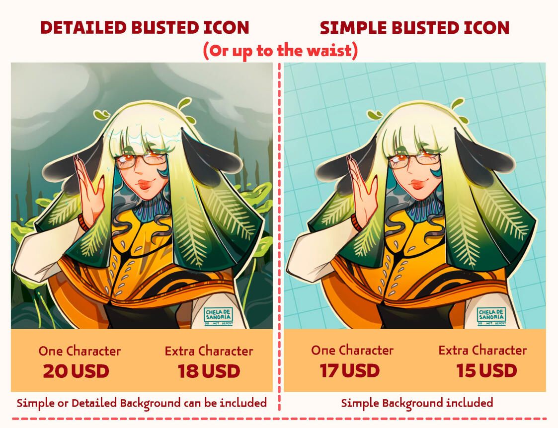 Puede ser un coloreado detallado (el cual incluye un fondo simple o detallado) o un coloreado simple (el cual incluye solamente un fondo simple). También se puede agregar un personaje extra.